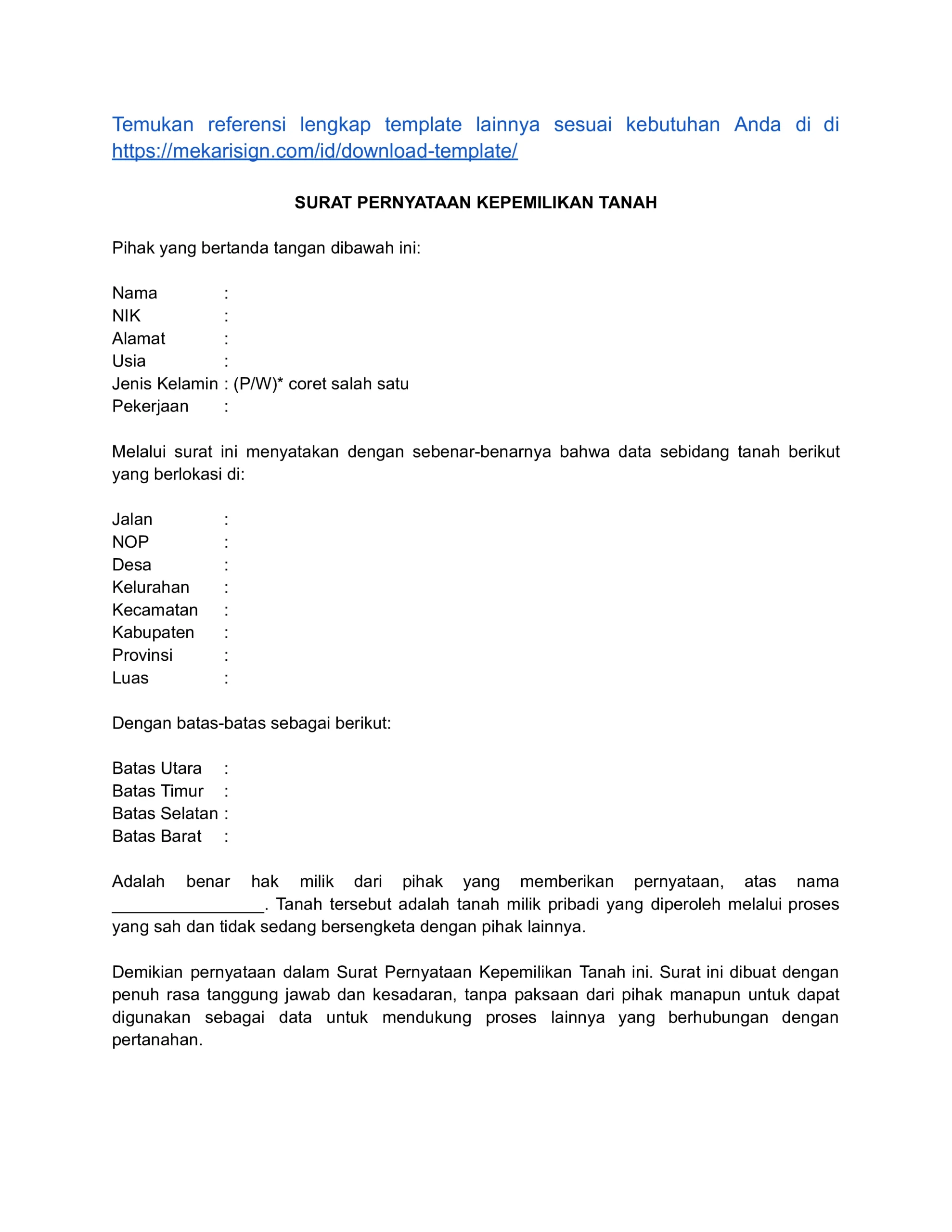 Contoh Surat Pernyataan Kepemilikan Tanah - Mekari Sign