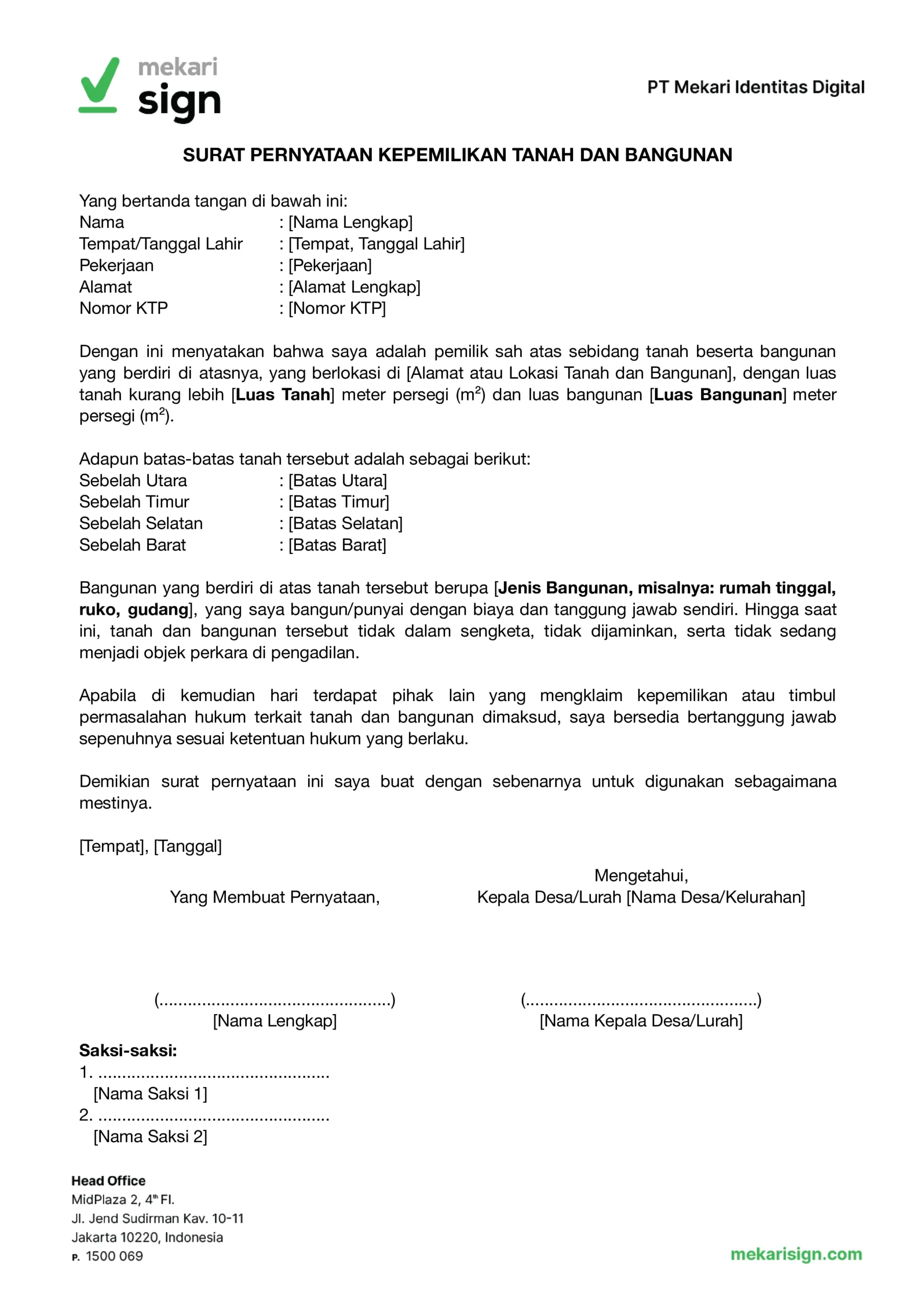 Contoh Surat Pernyataan Kepemilikan Tanah dan Bangunan - Mekari Sign