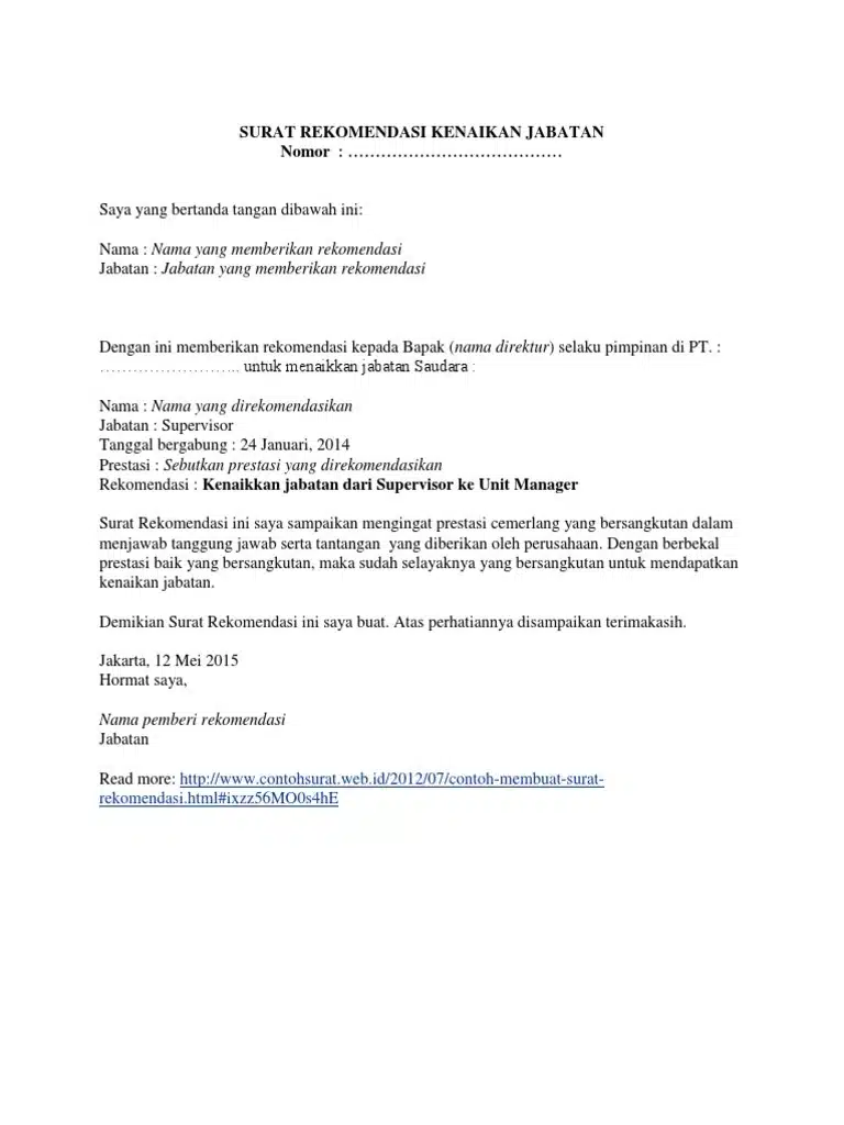 Contoh Surat Kenaikan Jabatan Supervisor menjadi Manager