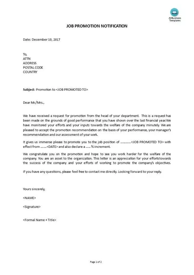 Contoh Surat Promosi Jabatan dalam Bahasa Inggris