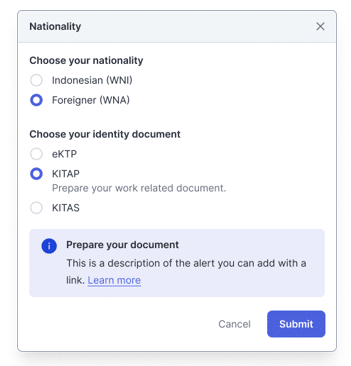 Sebelum dapat memulai proses eKYC, pengguna akan diminta untuk memilih kebangsaan dan dokumen identitas yang akan digunakan.