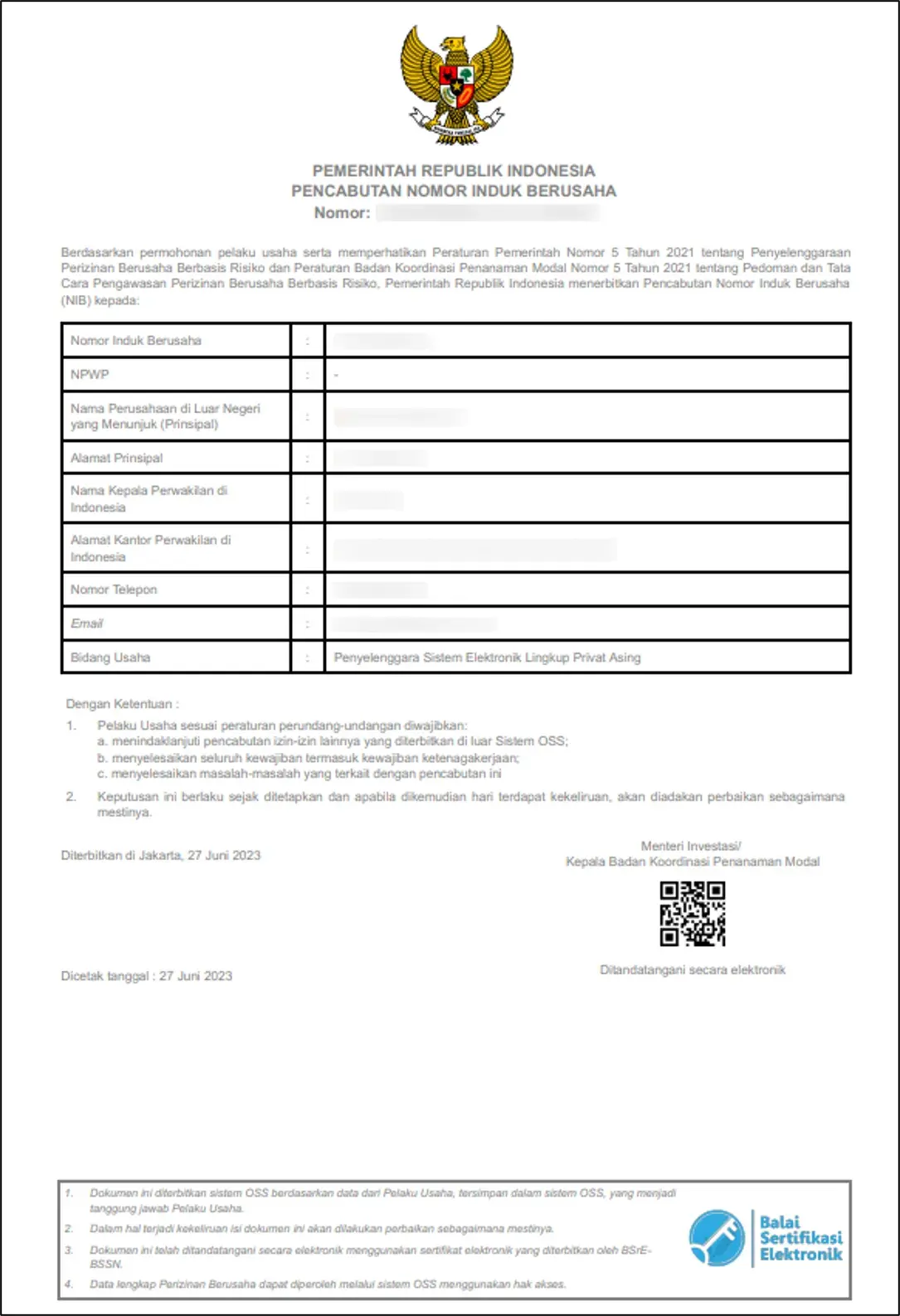 Cetakan Pencabutan NIB Dengan Tanda Tangan Elektronik dan Tanda Tangan QR Code