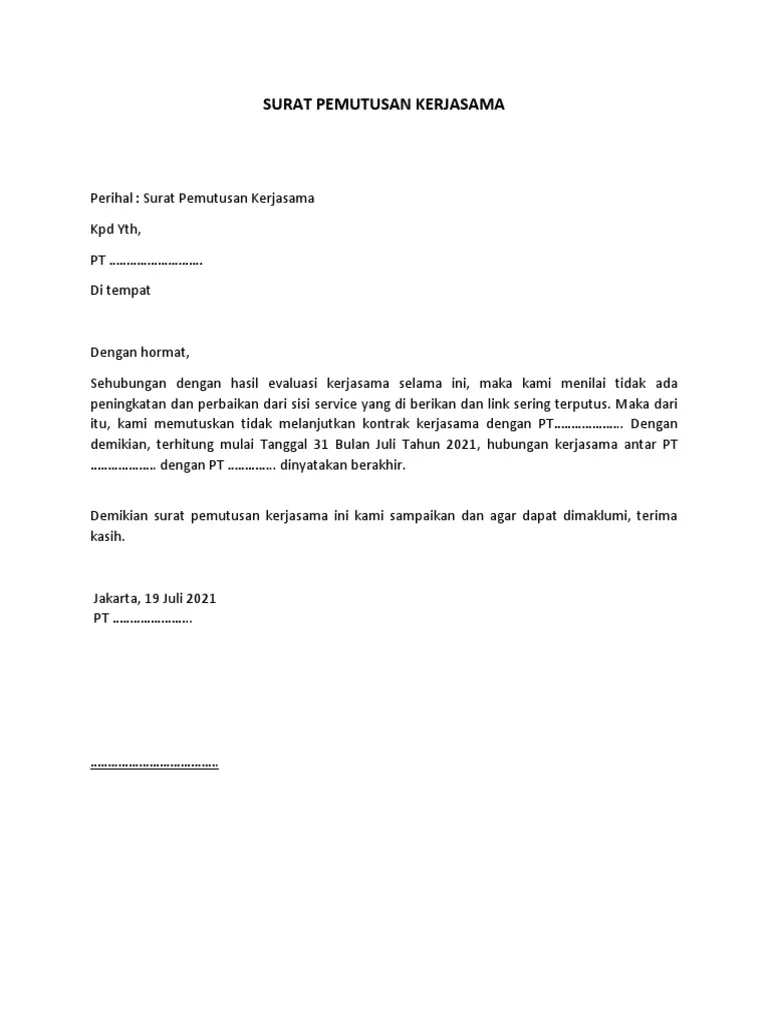 Contoh Surat Pemutusan Hubungan Kerjasama Outsourcing