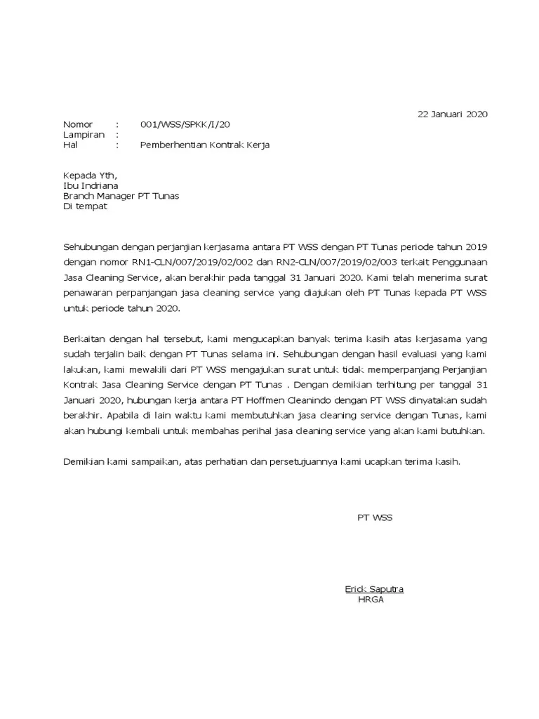 Contoh Surat Pemutusan Hubungan Kerjasama Outsourcing Jasa Cleaning Services