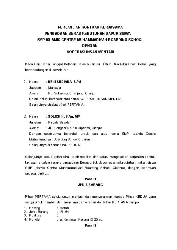 contoh surat perjanjian vendor bahan makanan