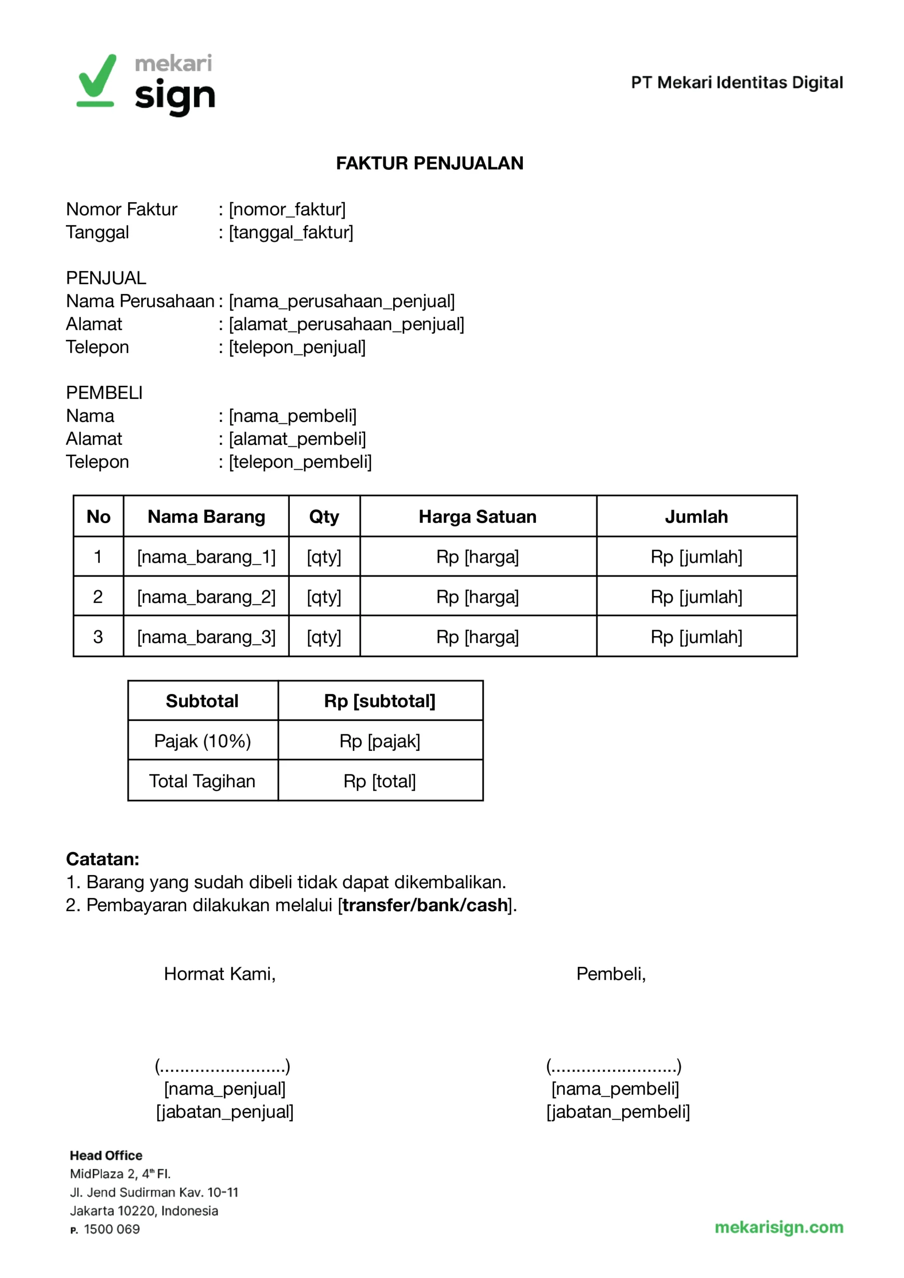 Contoh Faktur Penjualan - Mekari Sign