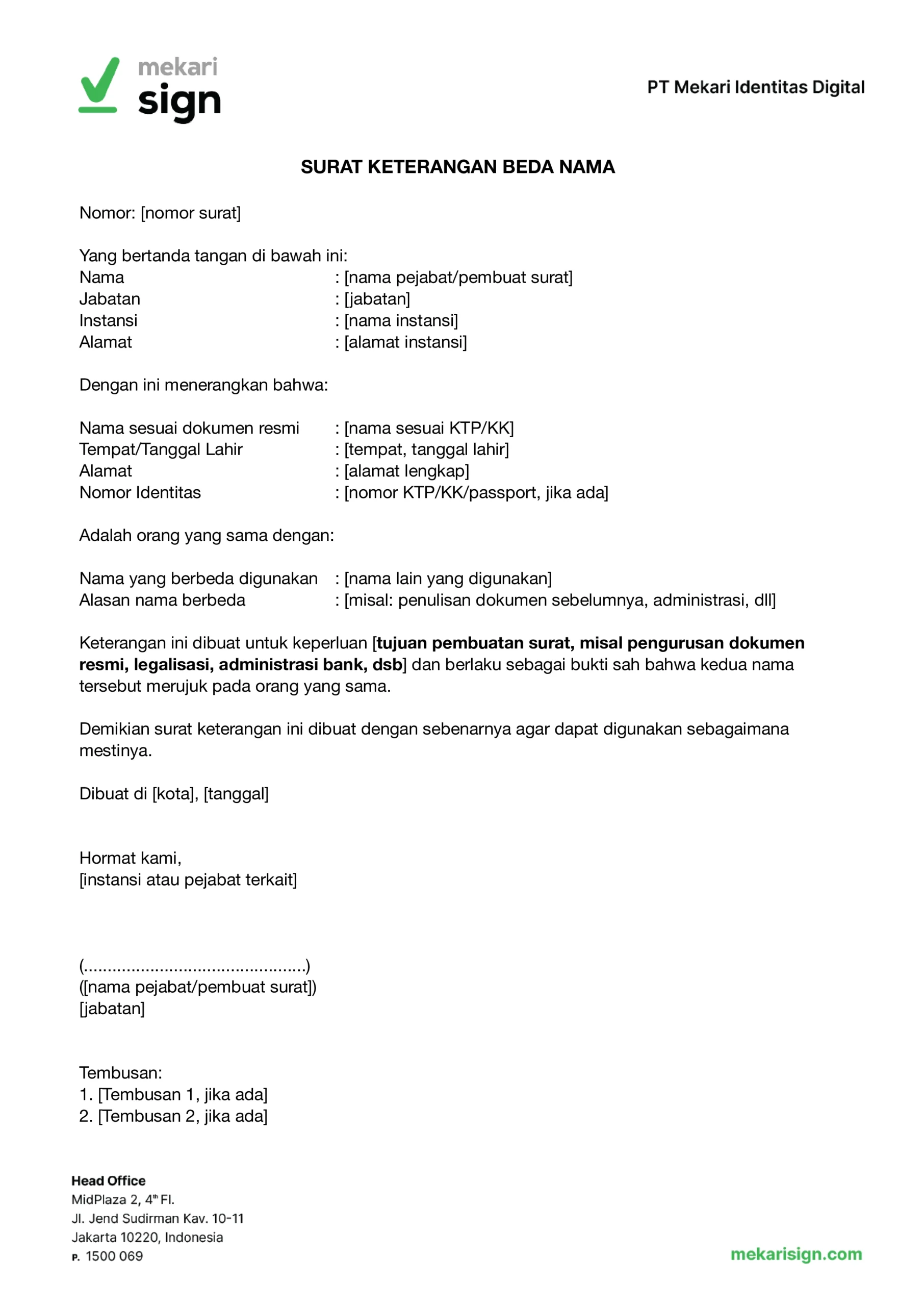 Contoh Surat Keterangan Beda Nama - Mekari Sign
