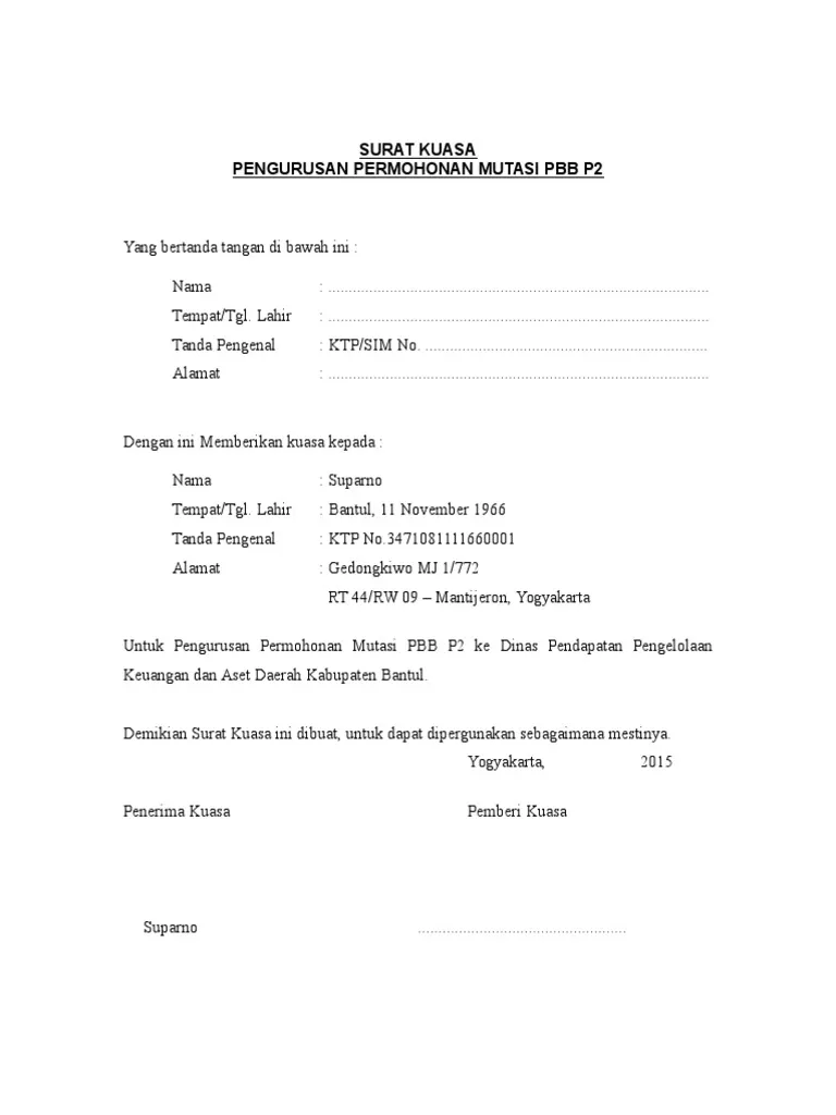 contoh surat kuasa permohonan mutasi pbb