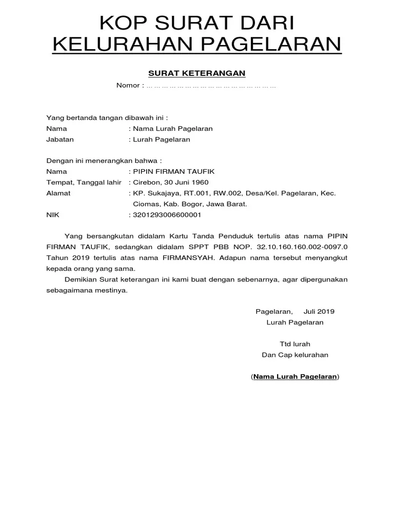 surat keterangan beda nama sppt pbb