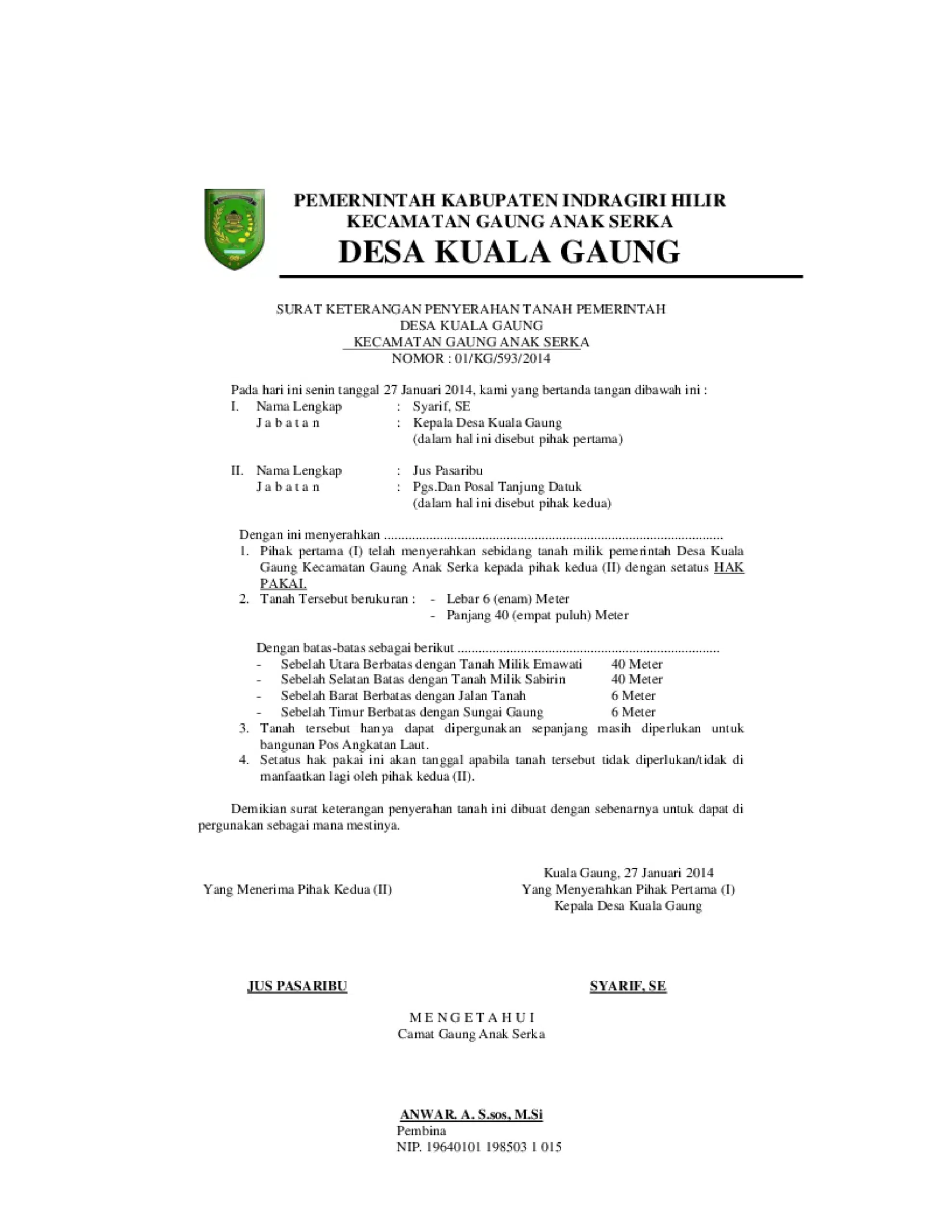 contoh surat keterangan penyerahan tanah pemerintah