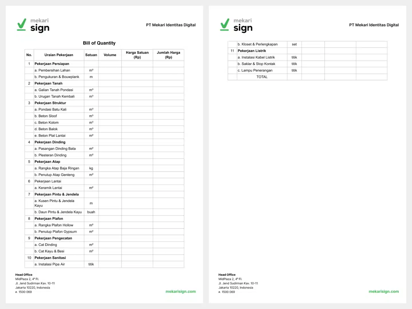Contoh BOQ Proyek Mekari Sign