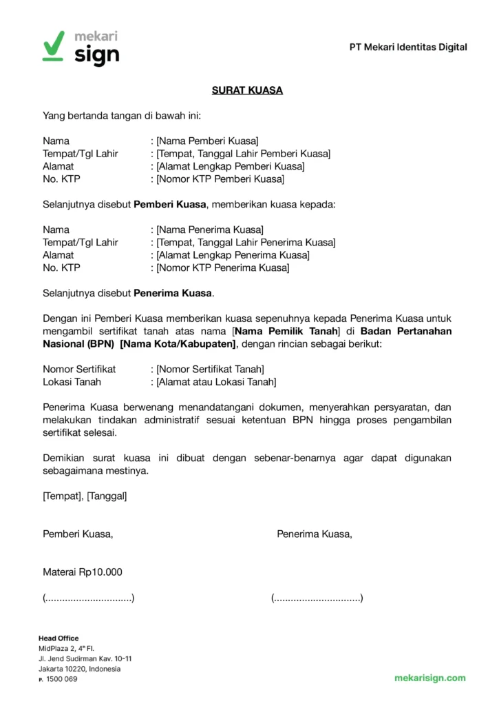 Contoh Surat Kuasa Pengambilan Sertifikat Tanah di BPN - Mekari Sign