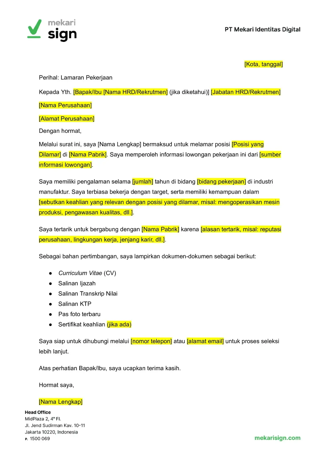 Contoh Surat Lamaran Kerja Pabrik - Mekari Sign