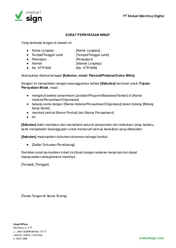 Detail Template Contoh Surat Pernyataan Minat - Mekari Sign