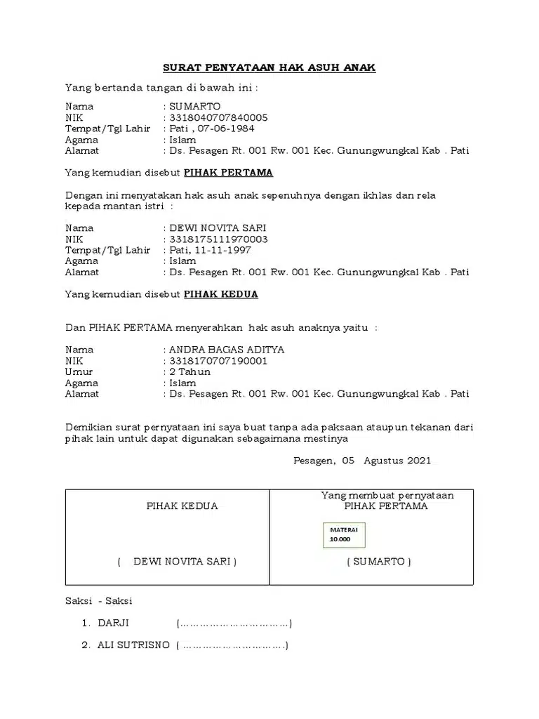 Contoh Surat Pernyataan Hak Asuh Anak