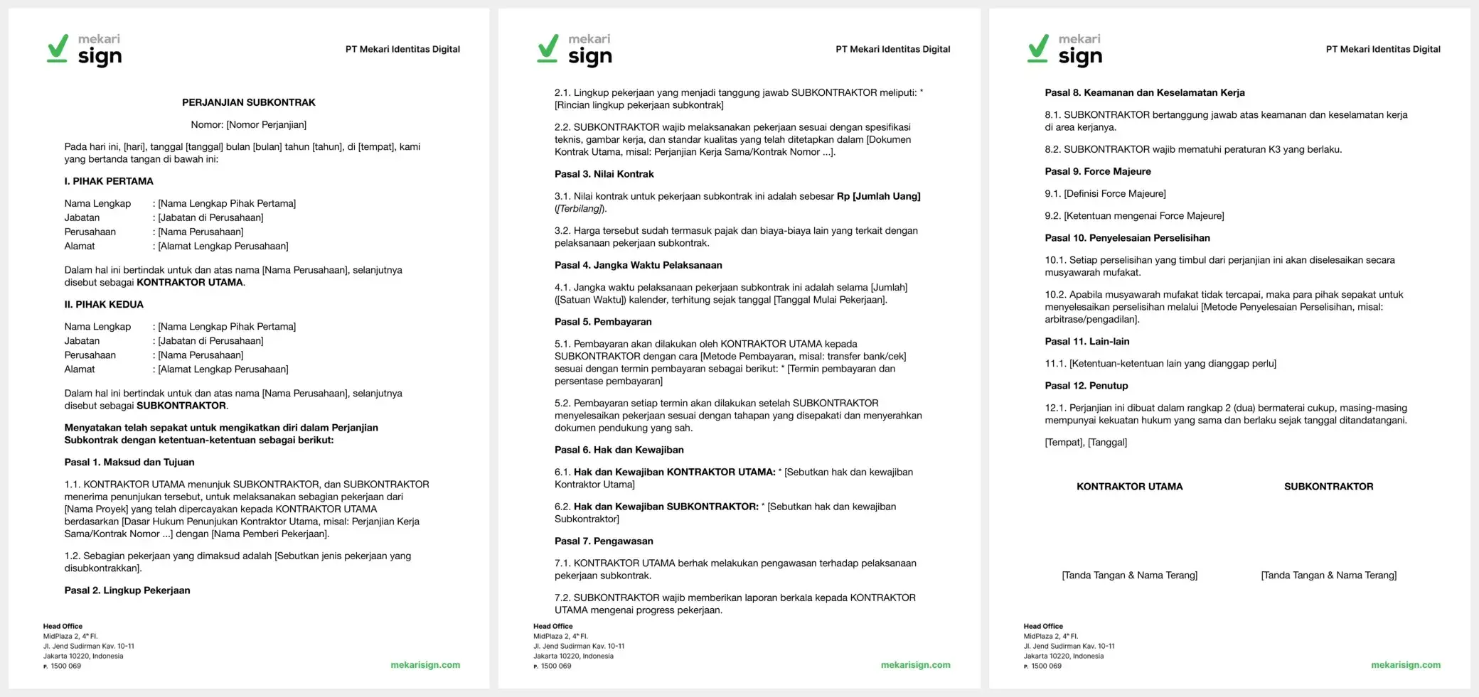 Detail Template Surat Perjanjian Subkontrak - Mekari Sign