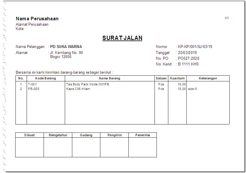 contoh bukti surat jalan pengeluaran barang