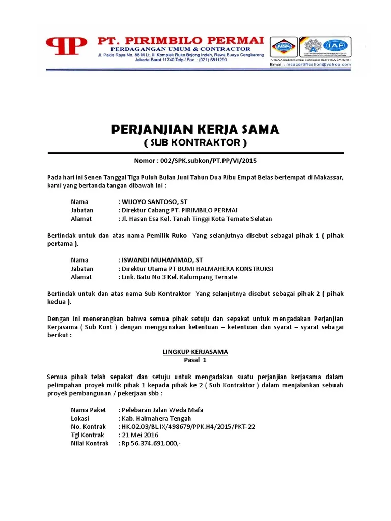 contoh perjanjian subkontrak pelebaran jalan