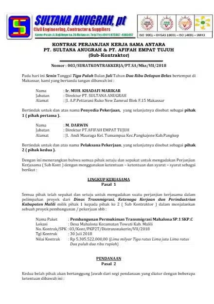 contoh perjanjian subkontrak pembangunan permukiman