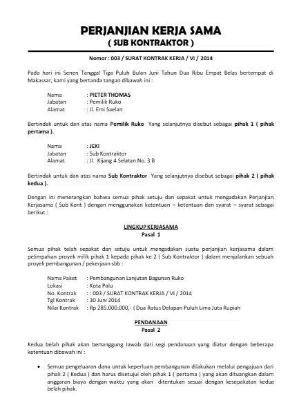 contoh perjanjian subkontrak pembangunan ruko