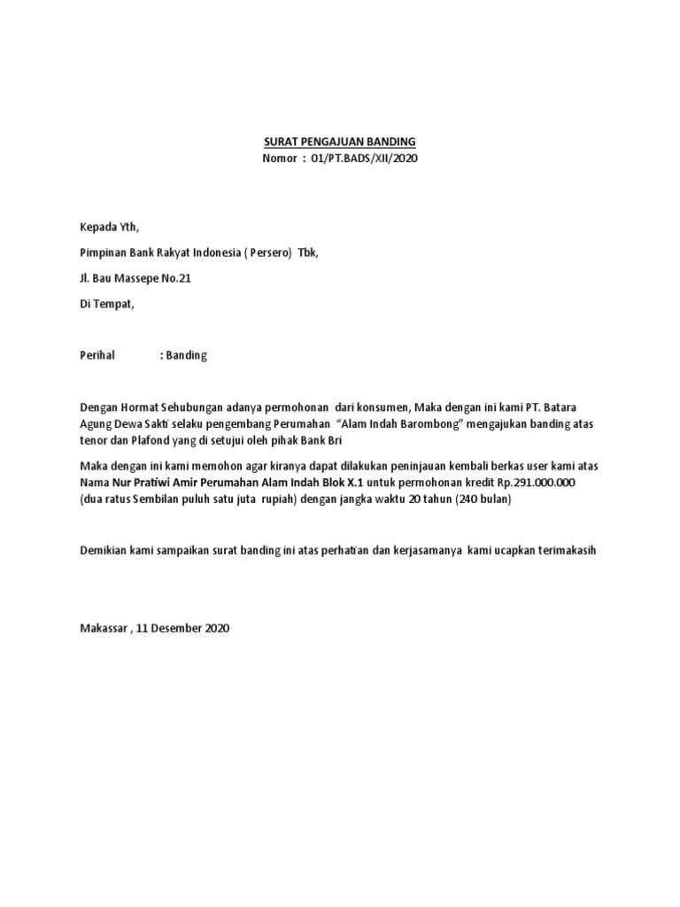 contoh surat banding pengajuan tenor