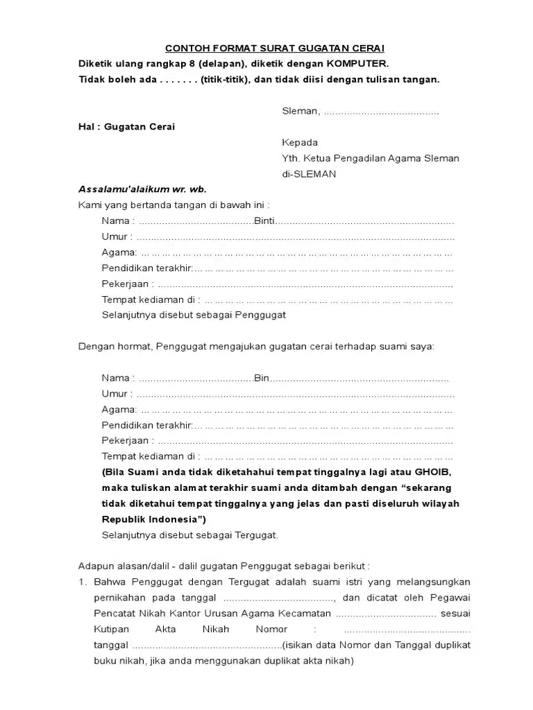 contoh surat gugatan cerai istri secara umum