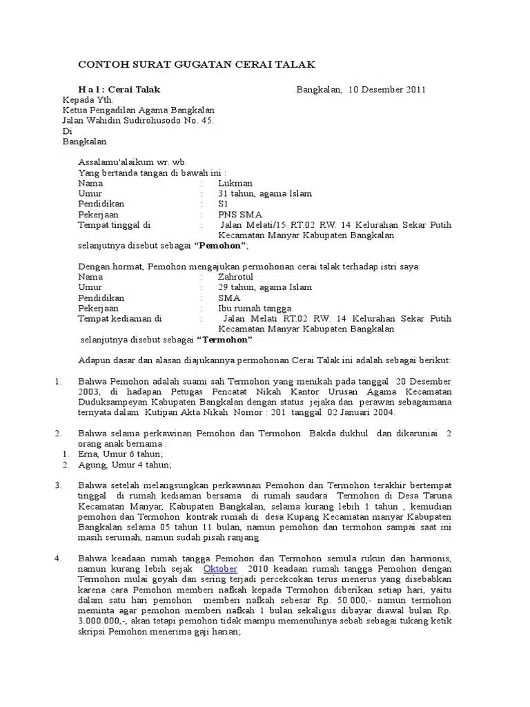 contoh surat gugatan cerai talak