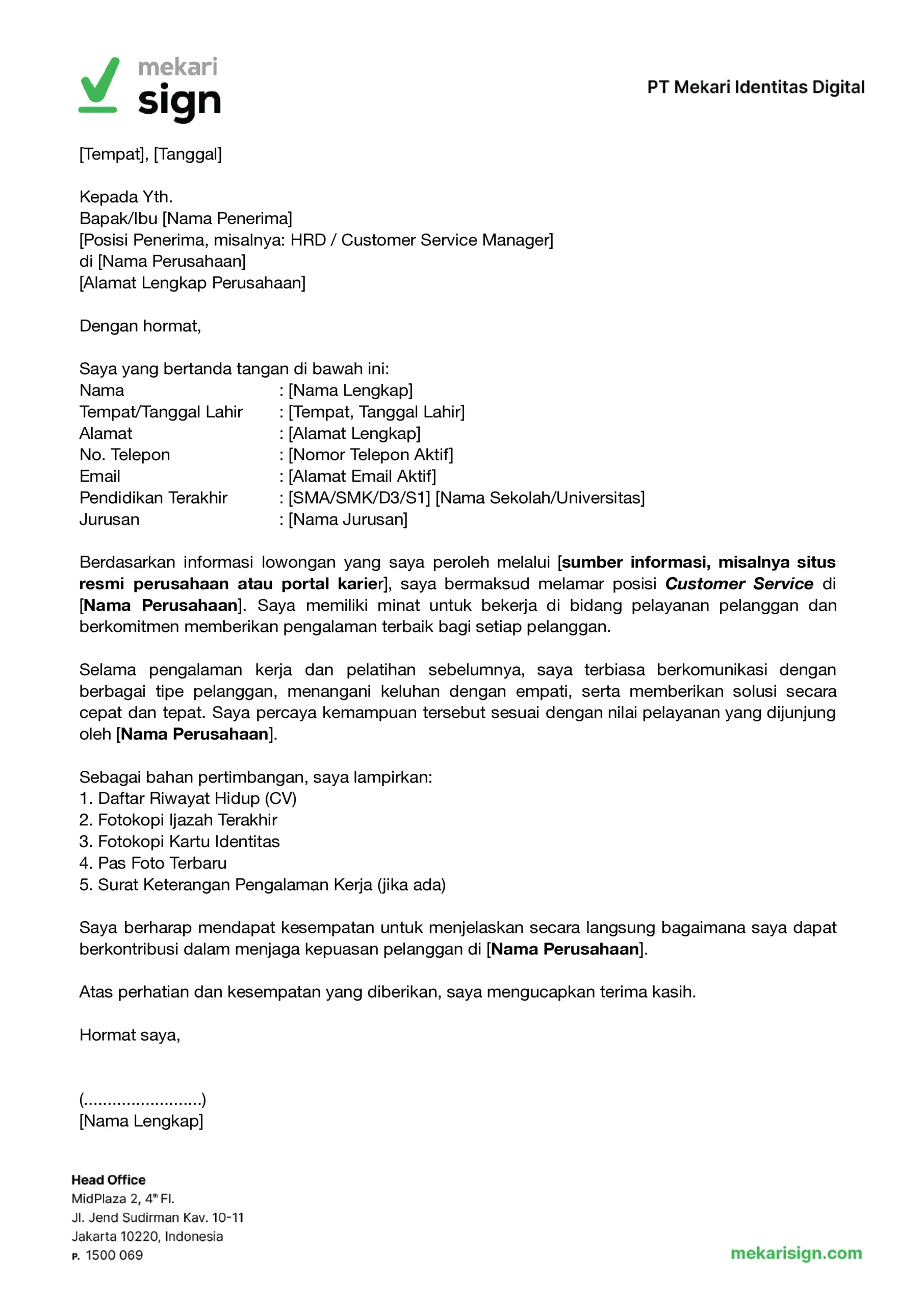 Contoh Surat Lamaran Kerja Customer Service - Mekari Sign