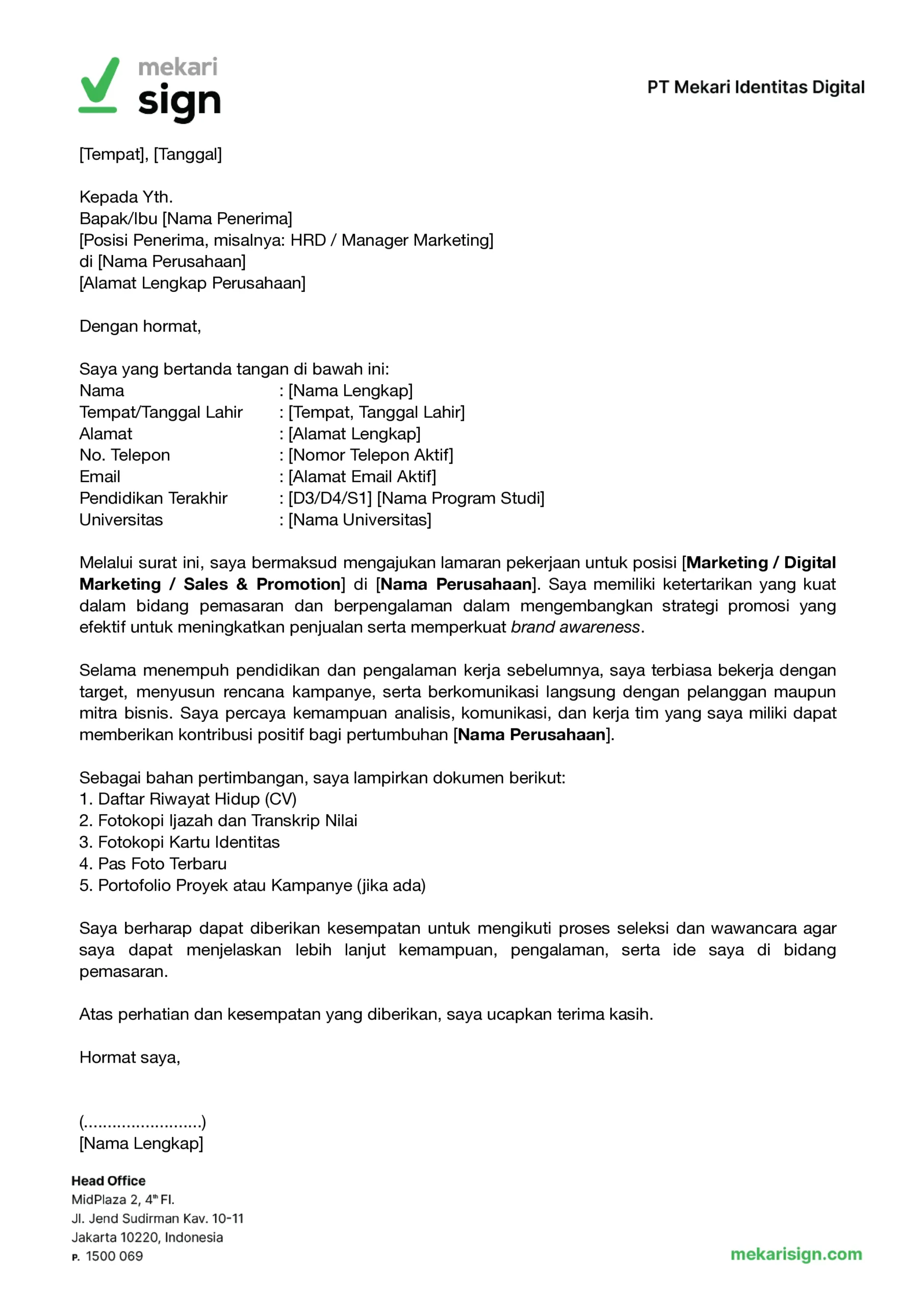 Contoh Surat Lamaran Kerja Marketing - Mekari Sign