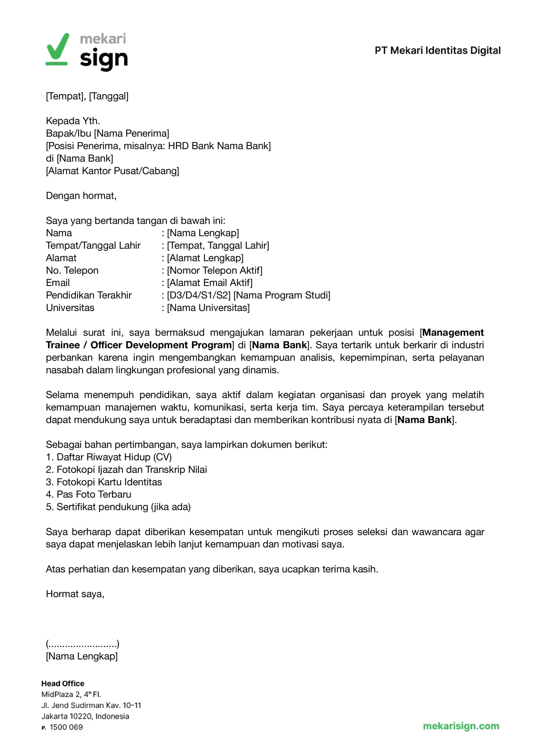 Contoh Surat Lamaran Kerja di Bank - Mekari Sign