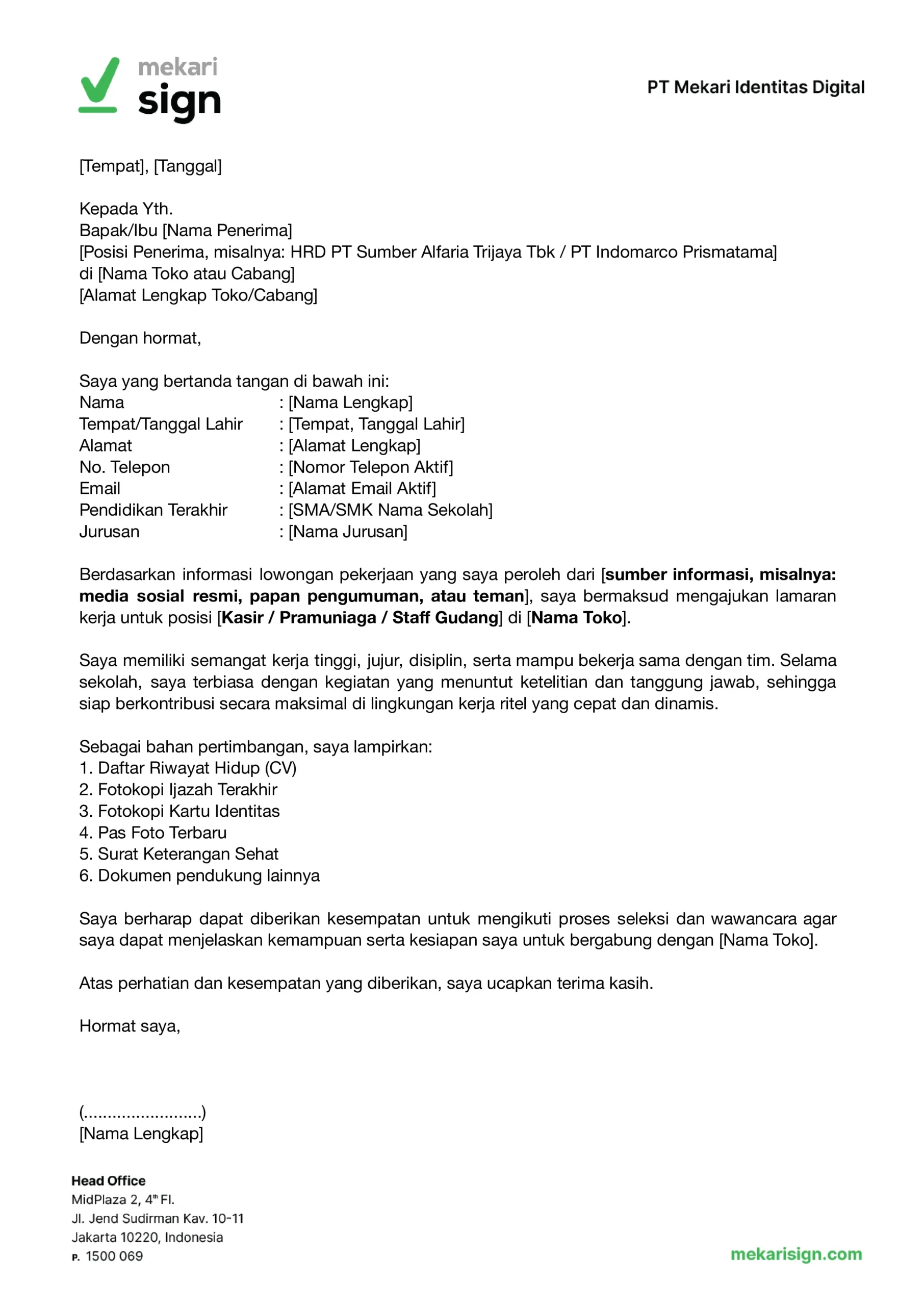 Contoh Surat Lamaran Kerja di Toko - Mekari Sign