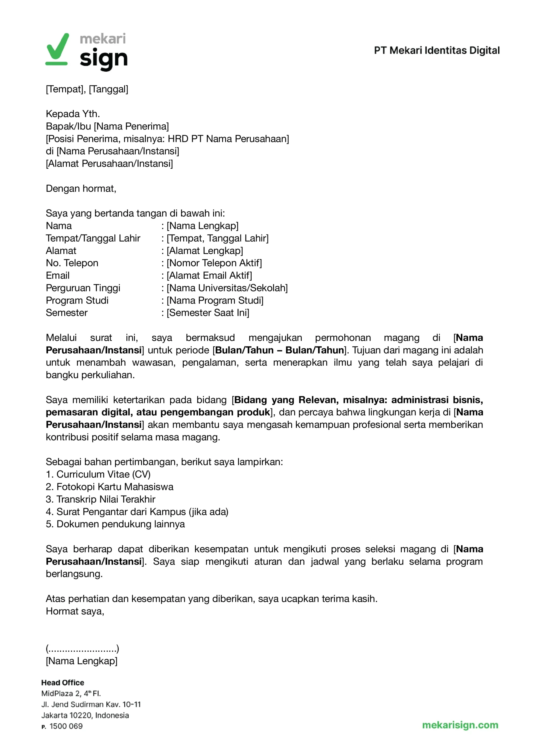 Contoh Surat Lamaran Magang - Mekari Sign