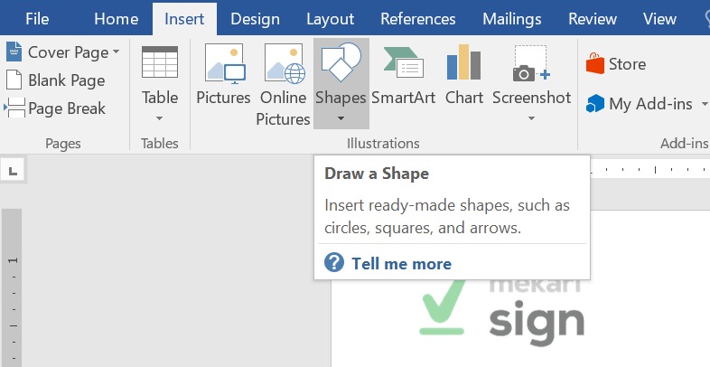 pilih shapes di tab illustrations di tab insert untuk menggambar tanda tangan langsung di Word