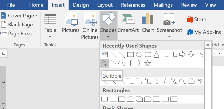 pilih scribble untuk menggambar tanda tangan langsung di Word