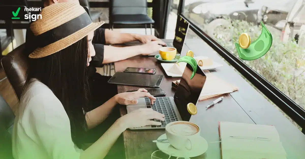 Ilustrasi perempuan sedang menggunakan laptop untuk bekerja menjadi Freenlacer