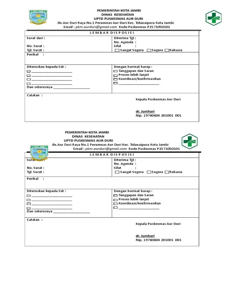 Contoh lembar disposisi surat dari Dinas Kesehatan Kota Jambi, lengkap dengan kolom identitas surat, tujuan disposisi, serta pilihan tindak lanjut seperti tanggapan, koordinasi, dan proses lebih lanjut.