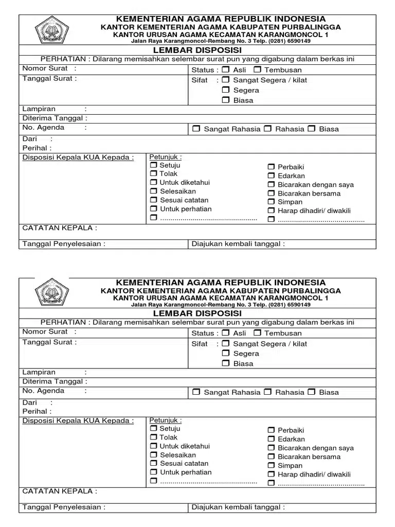 Format lembar disposisi resmi dari Kantor Kementerian Agama Purbalingga, dengan fitur prioritas surat, tujuan penyampaian, catatan kepala KUA, dan status tindak lanjut administratif.