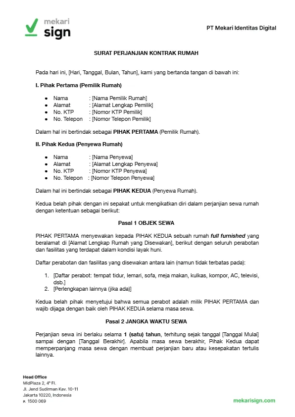 contoh surat perjanjian sewa atau kontrak rumah full furnished (beserta perabotan) dari mekari sign