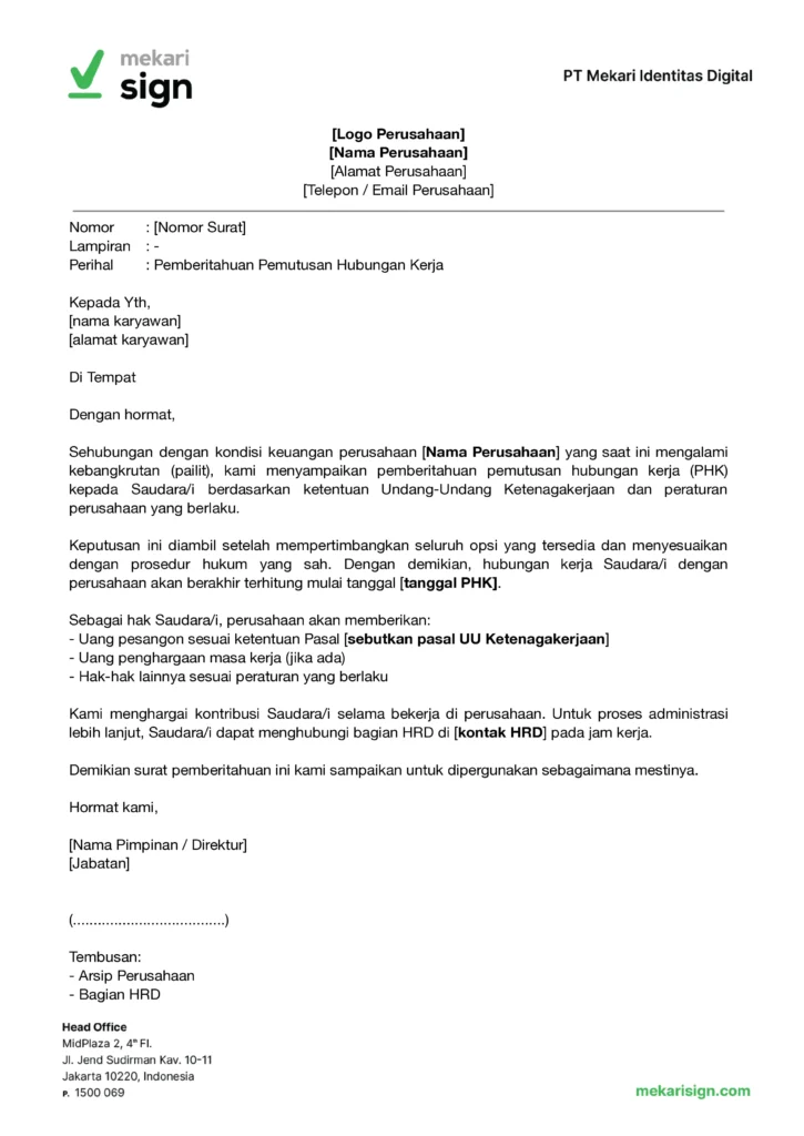 Contoh Surat PHK Perusahaan Bangkrut