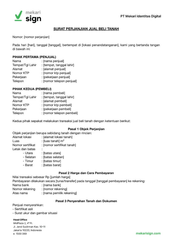Contoh surat perjanjian jual beli tanah sederhana - Mekari Sign