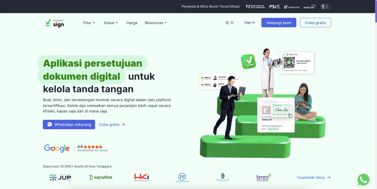 Mekari Sign menyediakan fitur tanda tangan digital dan e-meterai yang resmi dan tersertifikasi di Indonesia.