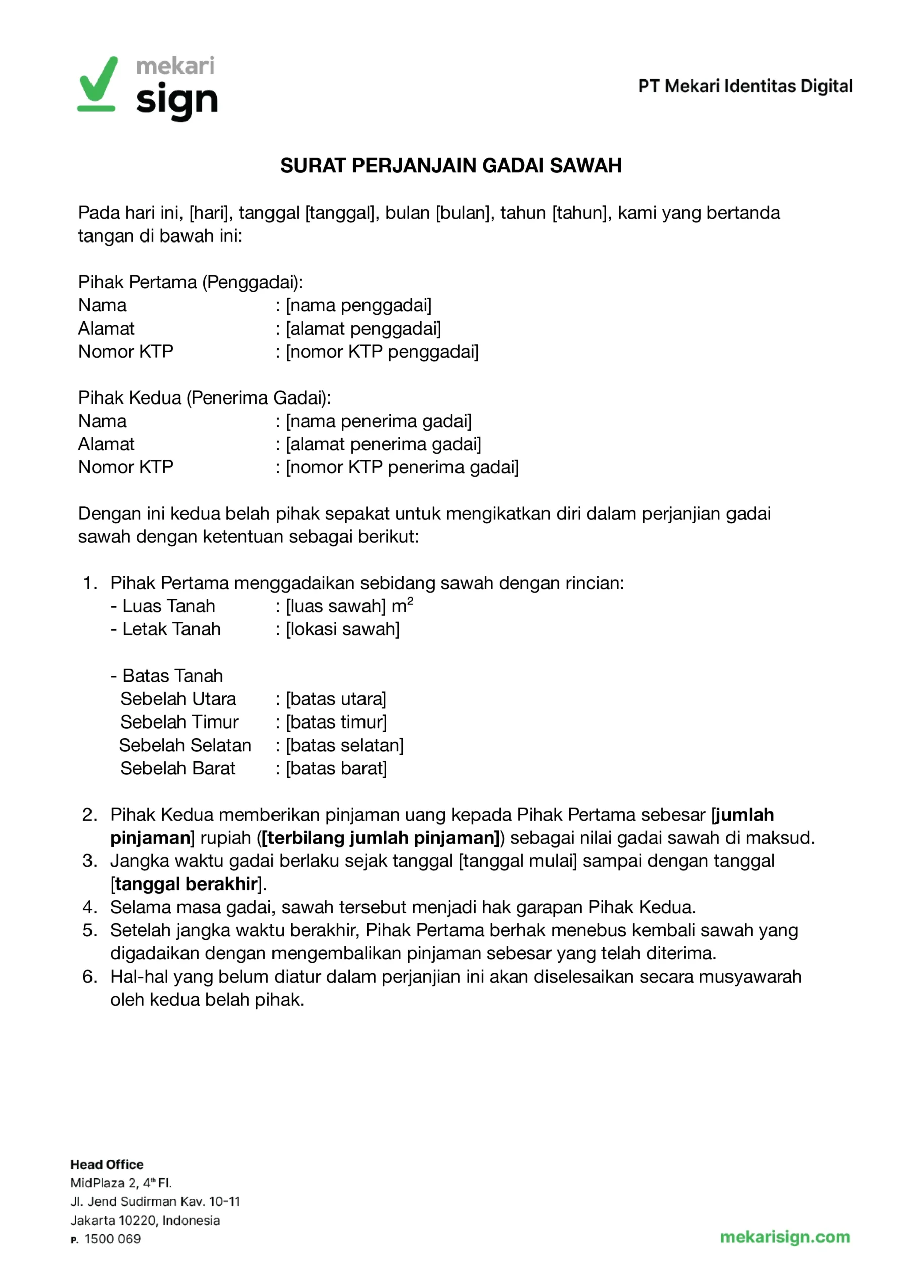 Contoh Surat Perjanjian Gadai Tanah Sawah - Mekari Sign