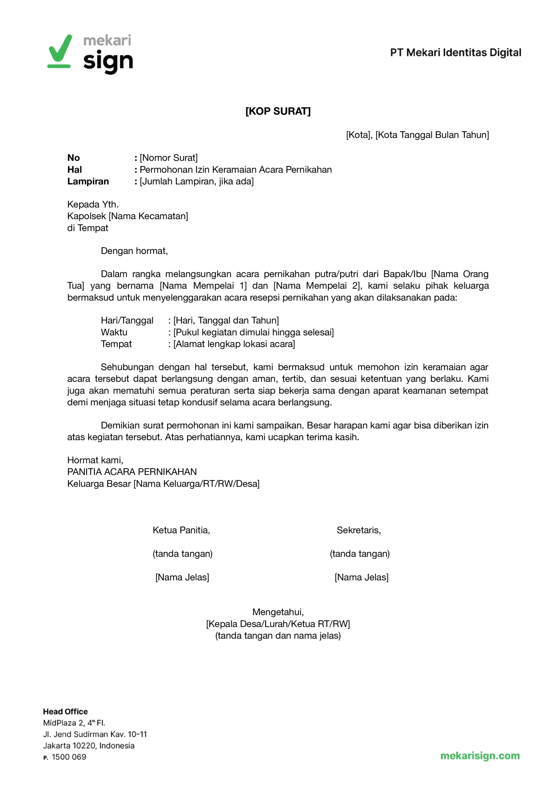 contoh atau template surat izin keramaian untuk acara pernikahan
