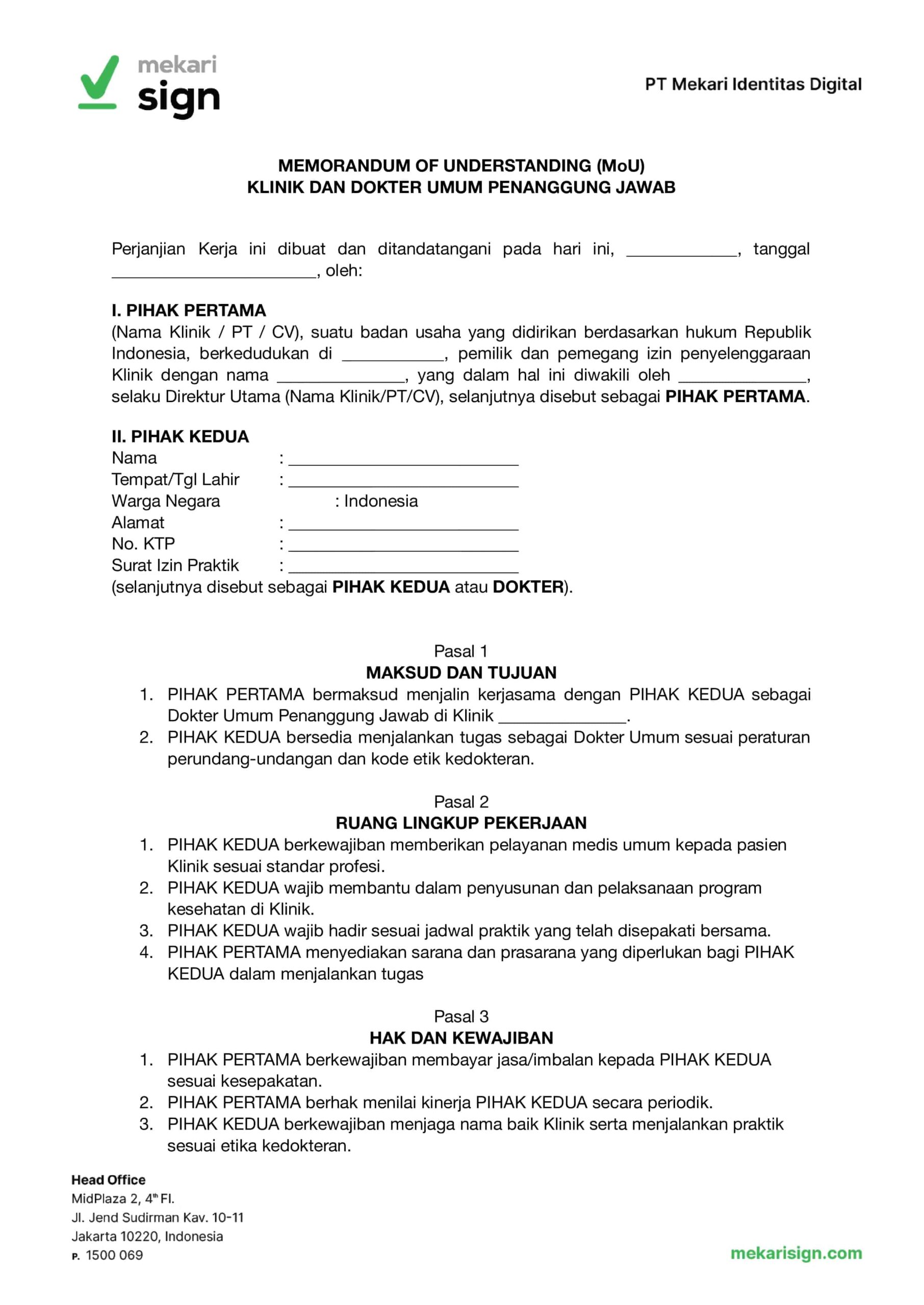 Contoh MoU Klinik dengan Dokter Umum- Mekari Sign