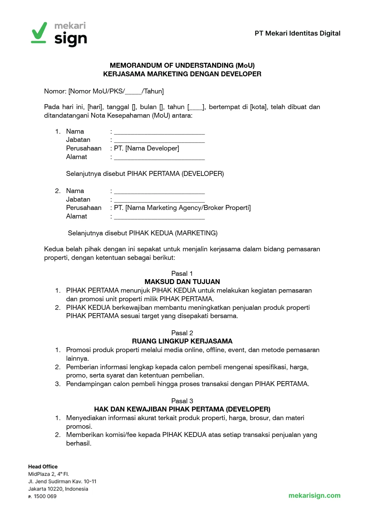 Contoh MoU Marketing dengan Developer - Mekari Sign
