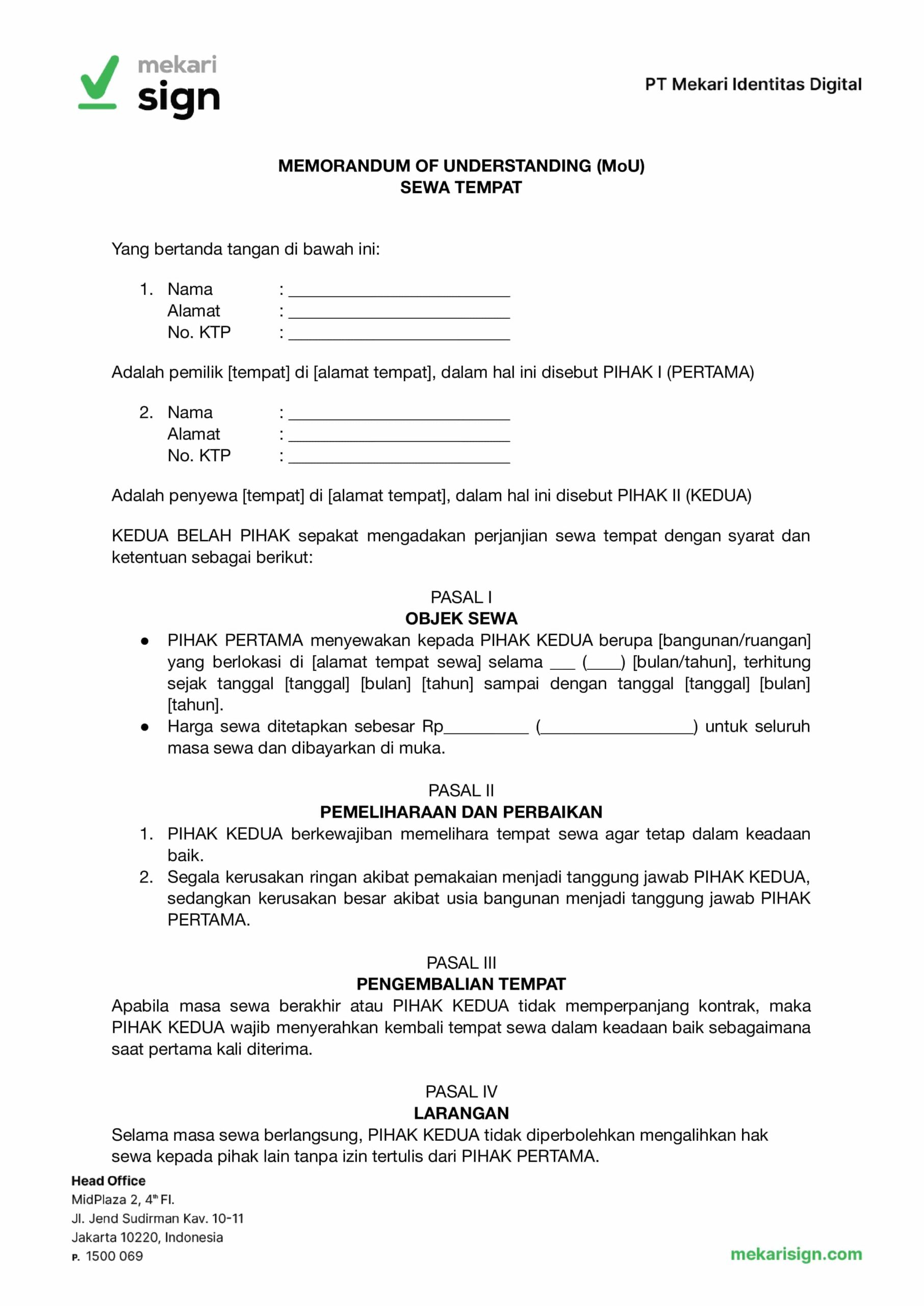Contoh MoU Sewa Tempat - Mekari Sign