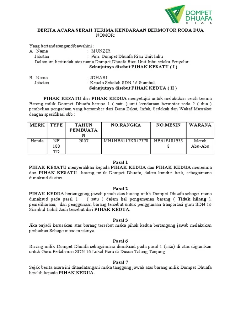 Contoh surat tanda terima berkas kendaraan bermotor