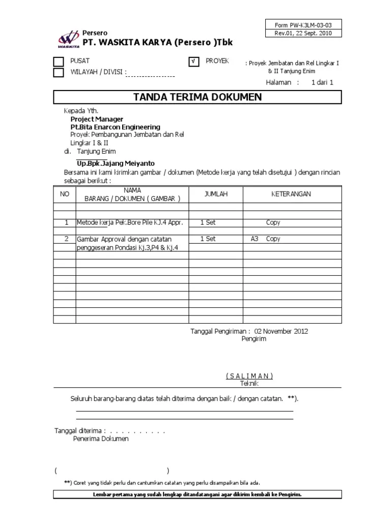 Contoh surat tanda terima dokumen penawaran/tender