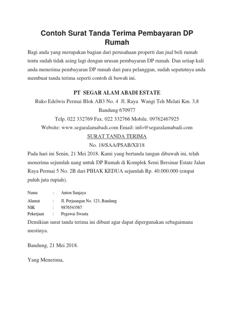 Contoh surat tanda terima pembayaran (semi-surat)