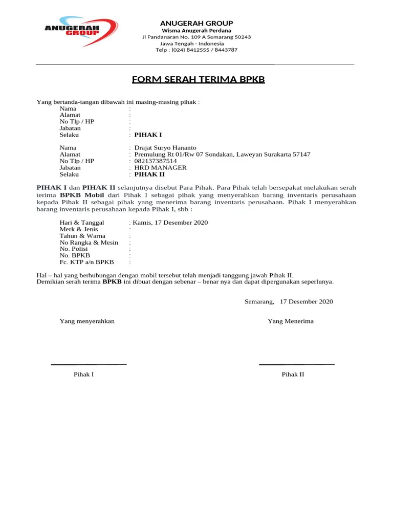 Contoh tanda terima jaminan (BPKB/sertifikat)